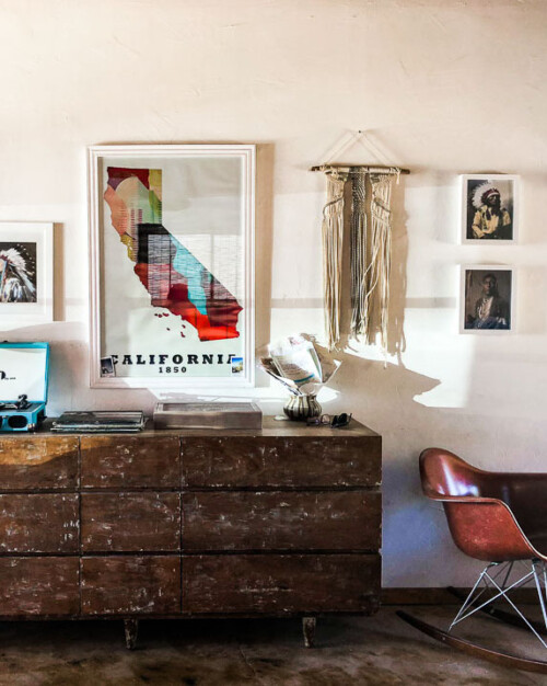 Retro style wall decoration of mid century cabin in Joshua Tree.