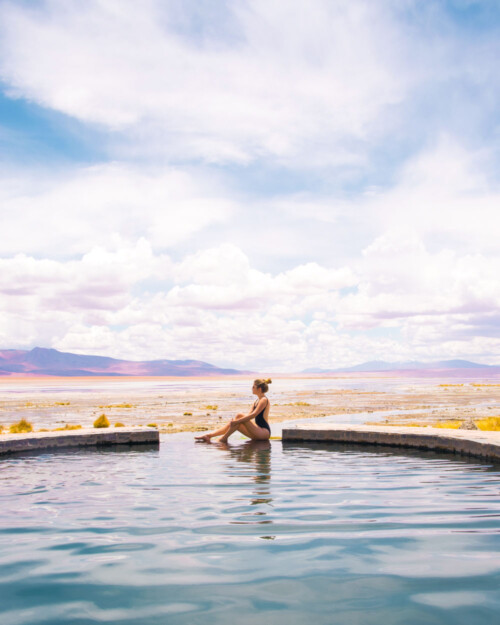 Termas de Polques hot springs Bolivia with amazing views of Salar de Chalviri
