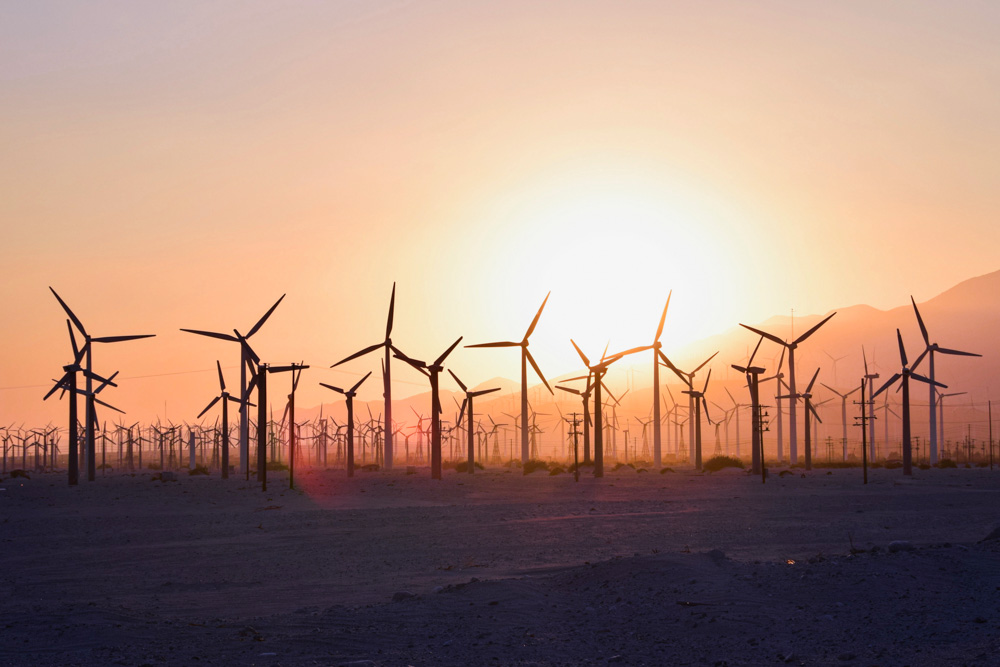 Sunset behind wind mills in Palm Springs