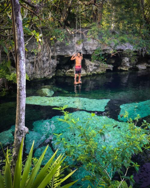 Swing at crystal clear Cenote Cristalino Playa del Carmen