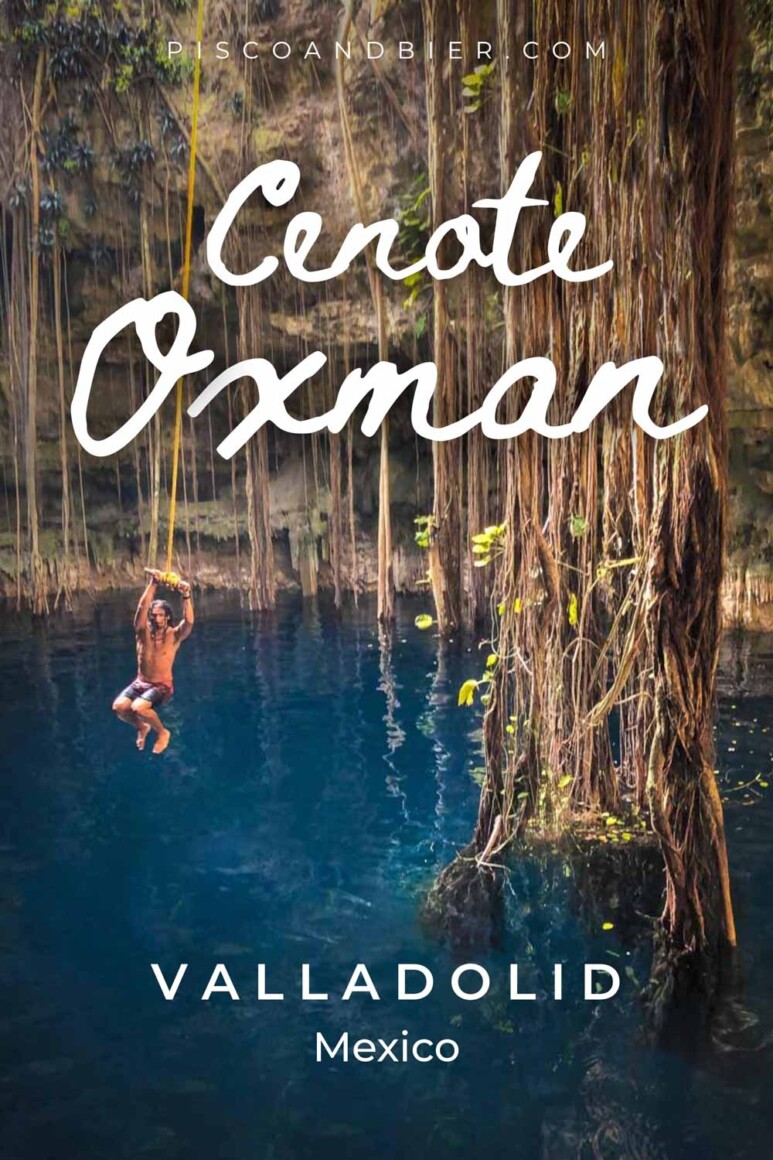 Guide to visiting Mexico Cenote Oxman Valladolid. Hours, entrance fee, photos of rope swing at Cenote Oxman in Valladolid, Mexico.