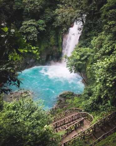 Stairs leading to Rio Celeste waterfall in Tenorio Volcano National Park in Costa Rica